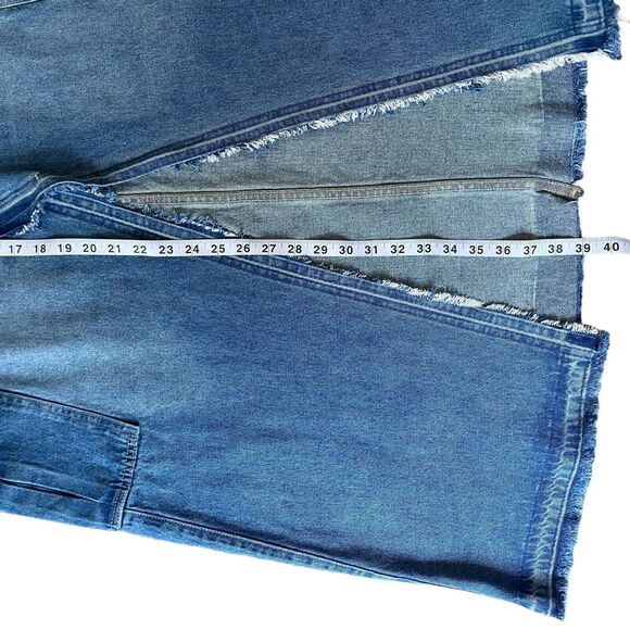 Daze A-line Maxi Denim Skirt L Blue Raw Hem Seam Slit Distressed Grunge Y2K - Picture 4 of 6